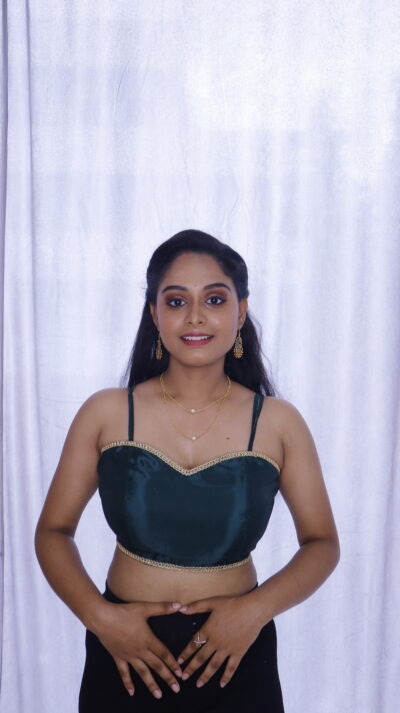 Buy Designer Satin Blouse Sweatheart Neck with Gold LACE and Adjustable Strap Blouse and Back Neck Hook - Image 5