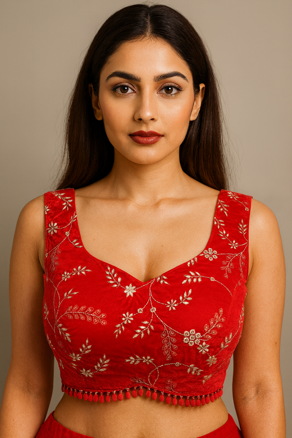 Velvet Embellished Designer Blouse With Teardrops Hanging Beads - Image 5