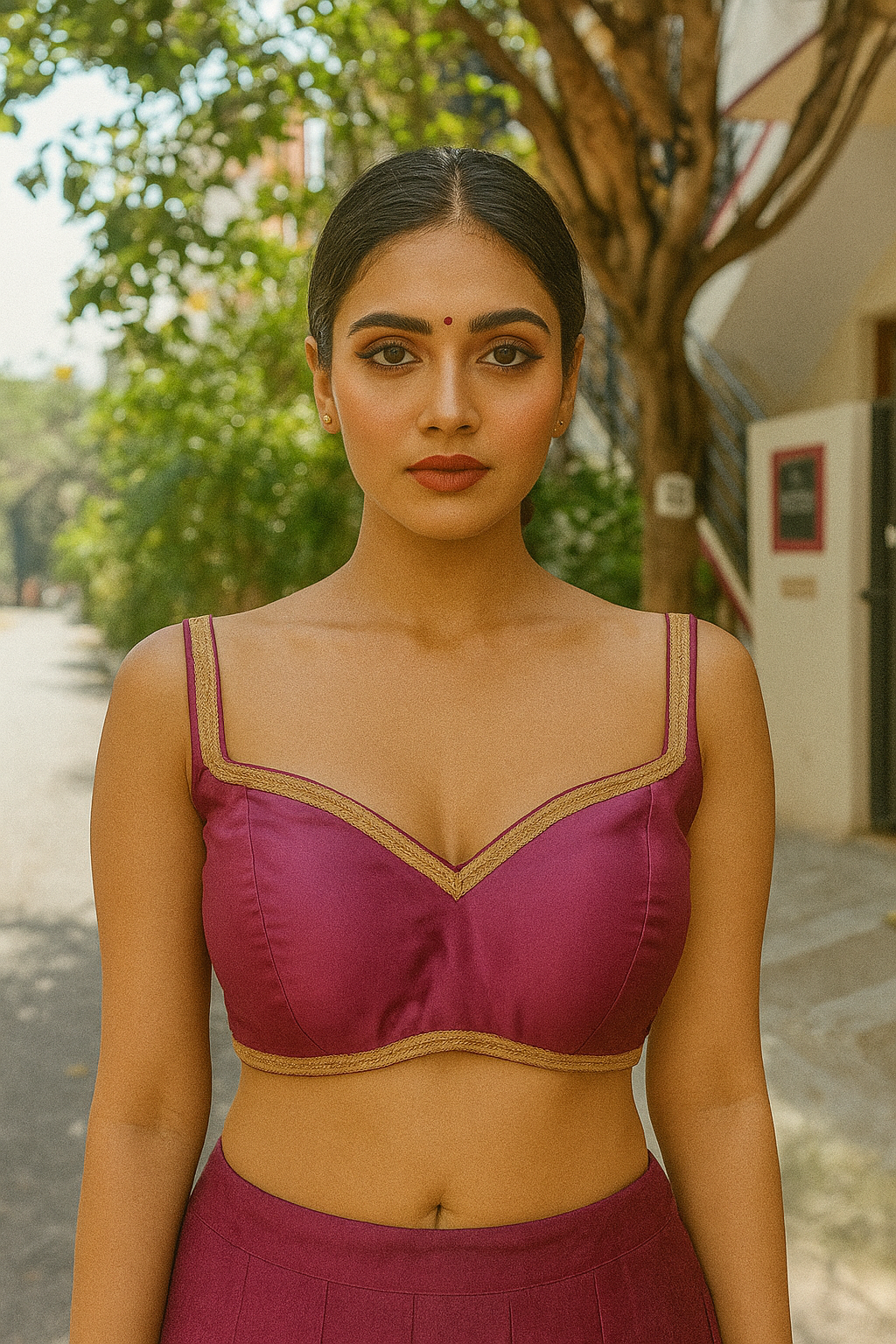 Buy Designer Satin Blouse with Broad Sweethearts Neck,and Back Neck Hook - Image 2