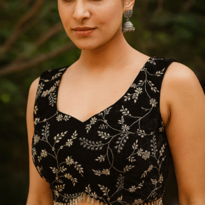 Velvet Embellished Designer Blouse With Teardrops Hanging Beads