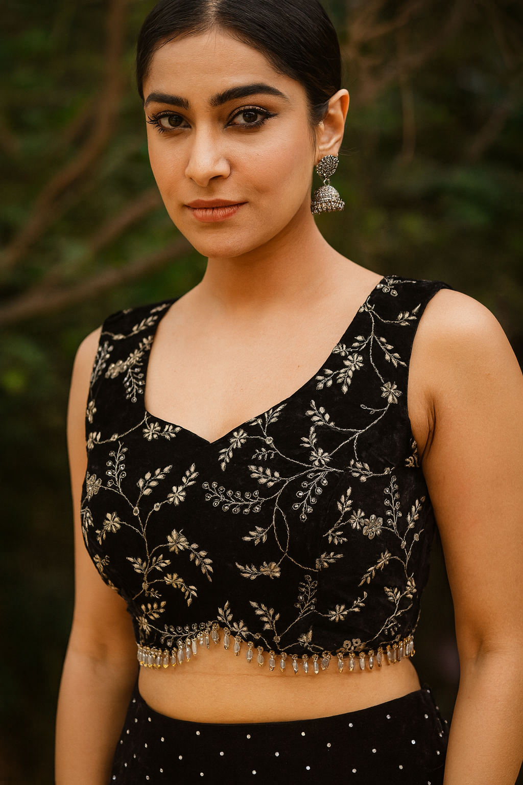 Velvet Embellished Designer Blouse With Teardrops Hanging Beads