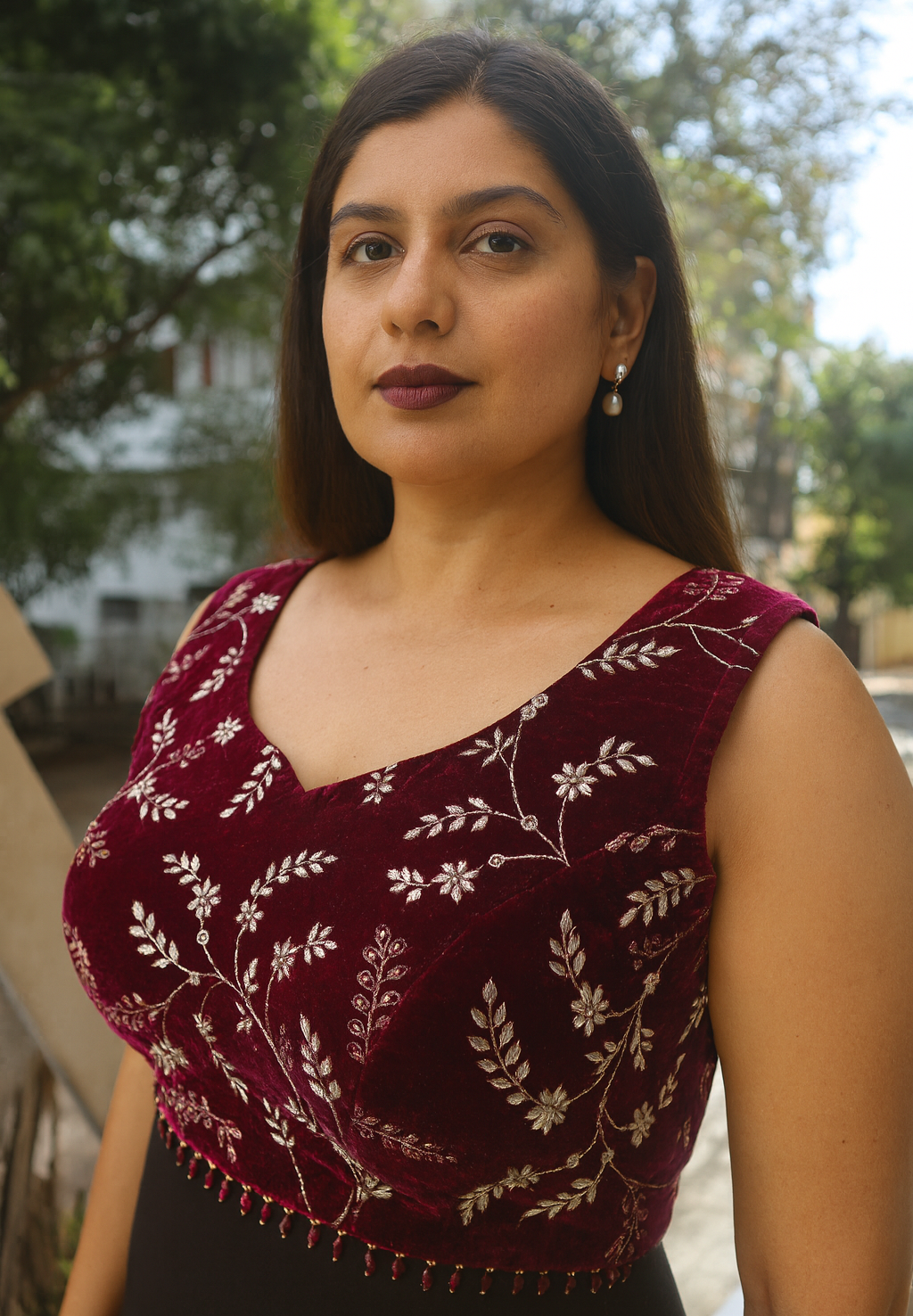 Velvet Embellished Designer Blouse With Teardrops Hanging Beads - Image 9