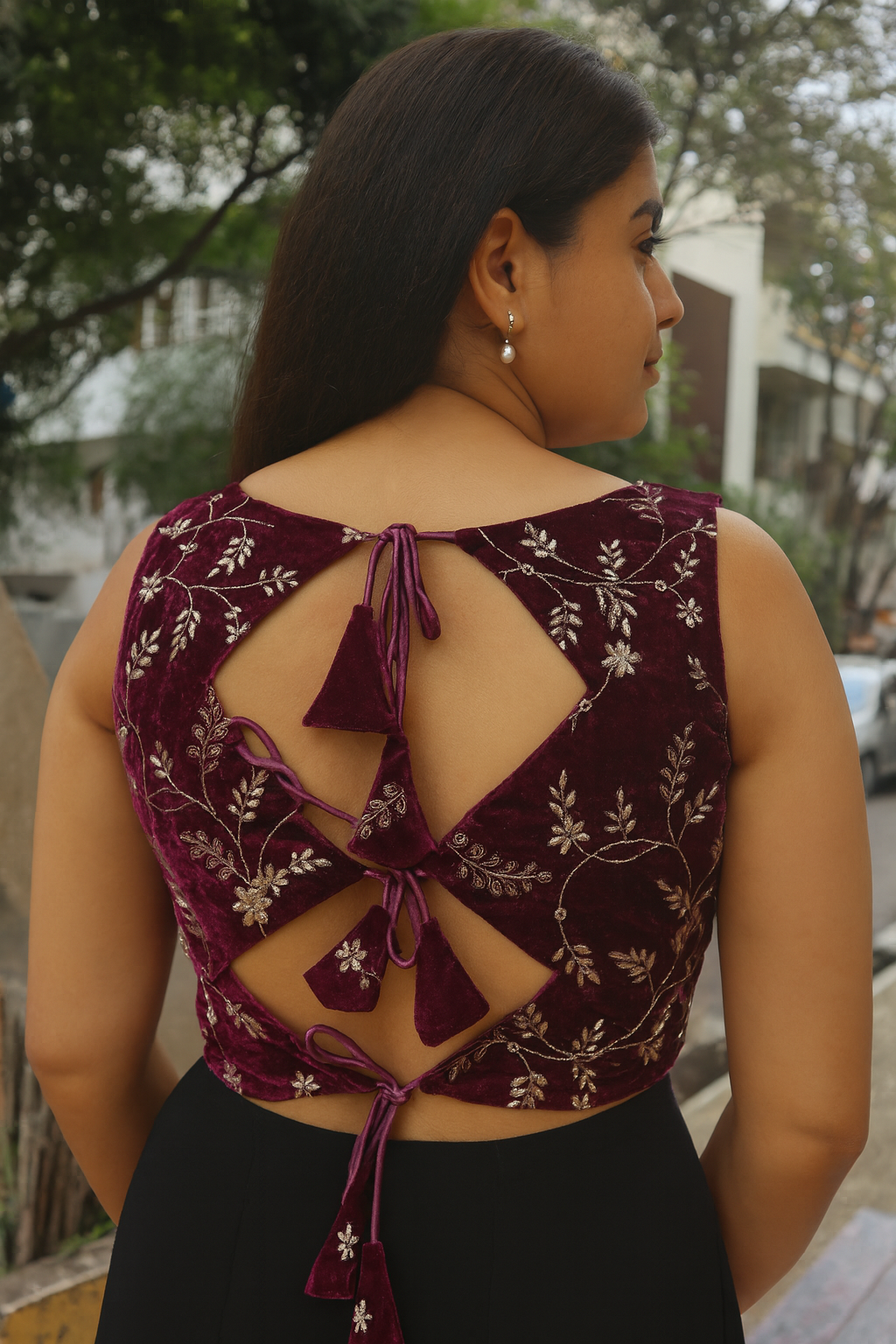 Velvet Embellished Designer Blouse With Teardrops Hanging Beads - Image 10