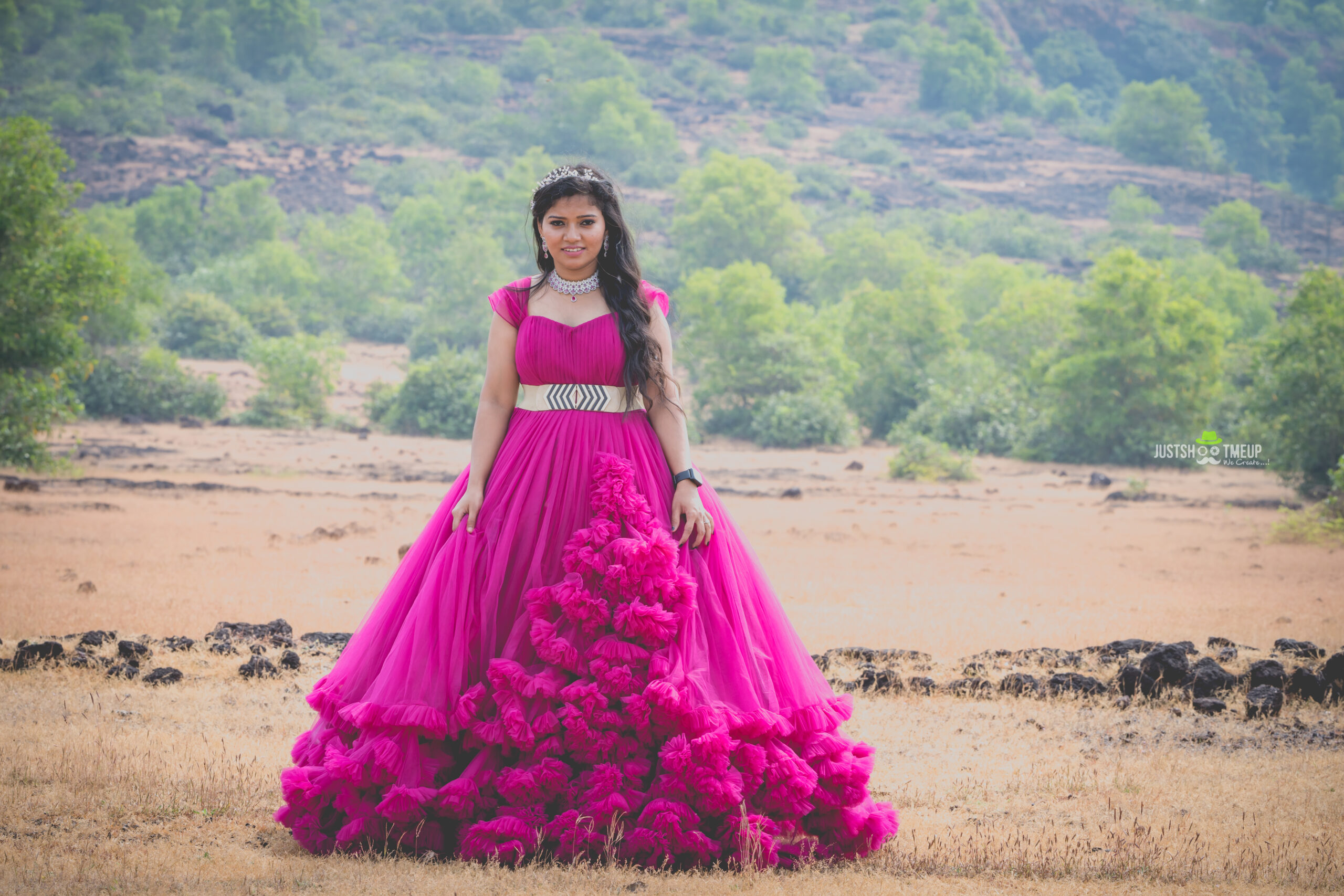 BUY PINK Heavy Netted Flared Gown
